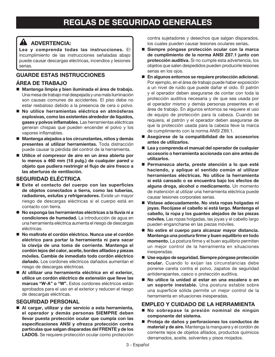 Reglas de seguridad generales | Ryobi YN301PL1 User Manual | Page 31 / 48