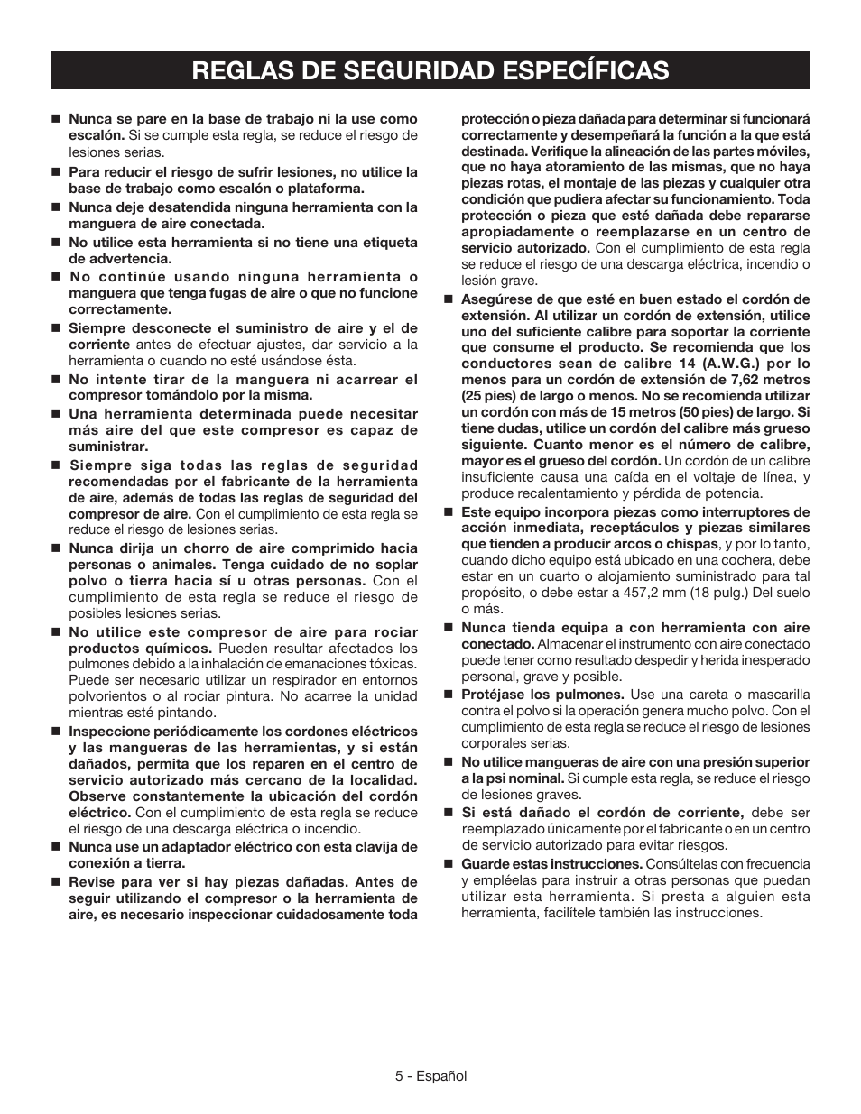 Reglas de seguridad específicas | Ryobi YN301PL1 User Manual | Page 33 / 48