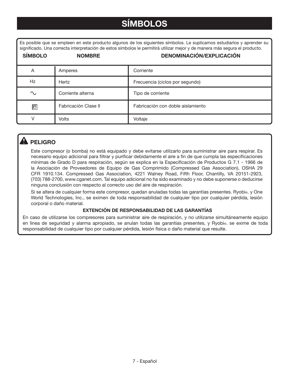 Símbolos | Ryobi YN301PL1 User Manual | Page 35 / 48