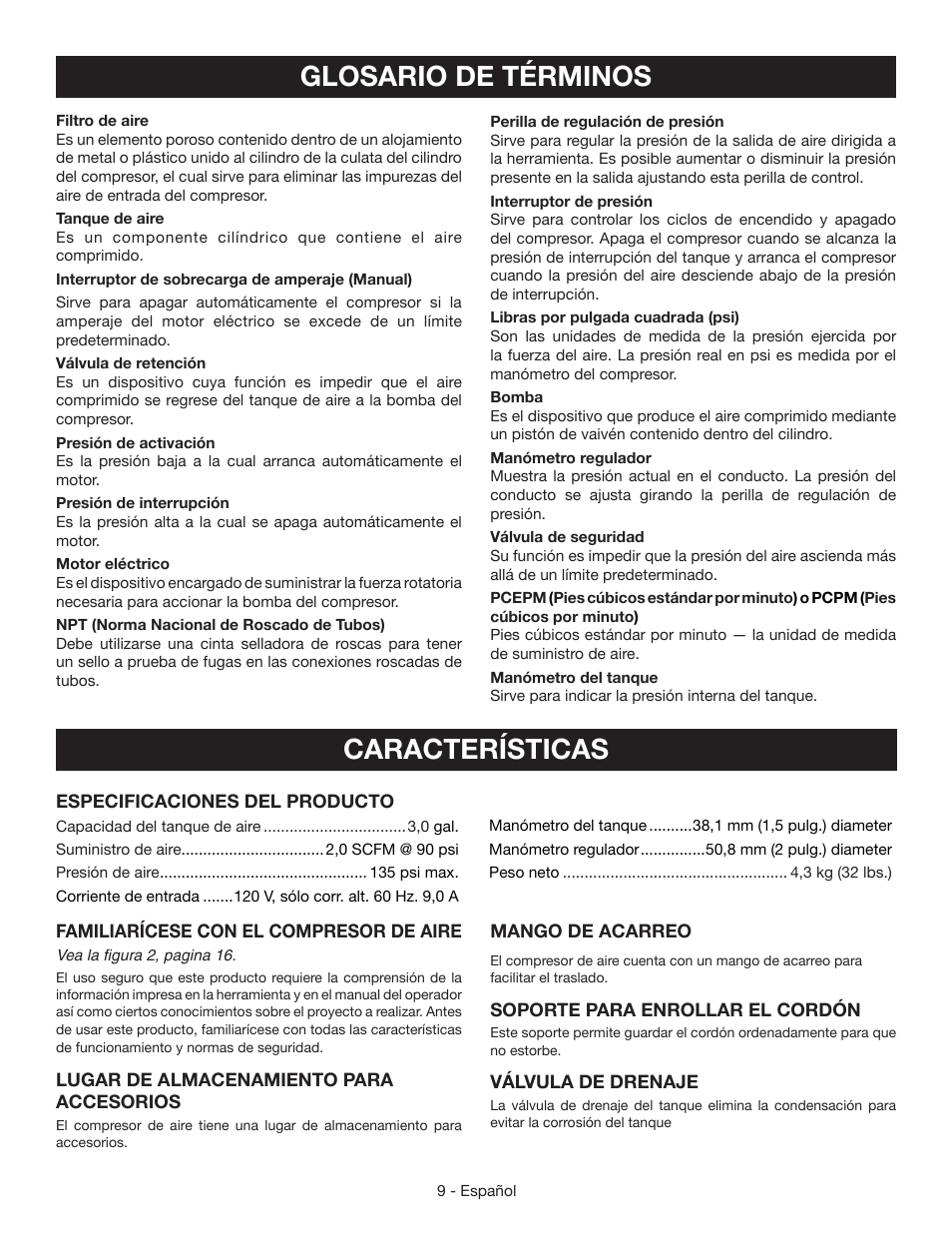 Glosario de términos, Características | Ryobi YN301PL1 User Manual | Page 37 / 48