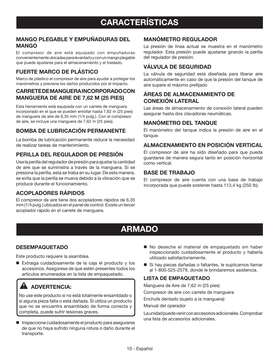 Armado, Características | Ryobi YN301PL1 User Manual | Page 38 / 48