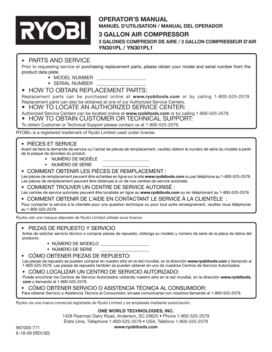 Operator’s manual, 3 gallon air compressor, Parts and service | How to obtain replacement parts, How to locate an authorized service center, How to obtain customer or technical support | Ryobi YN301PL1 User Manual | Page 48 / 48