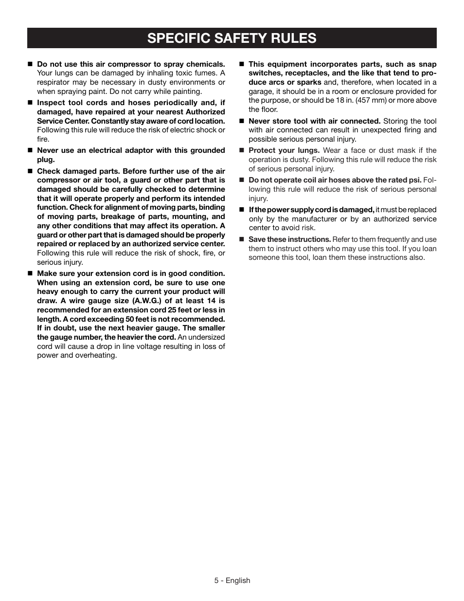 Specific safety rules | Ryobi YN301PL1 User Manual | Page 5 / 48