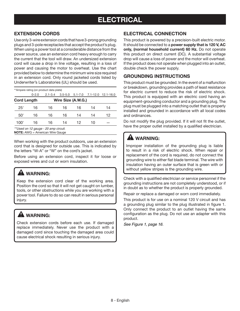 Electrical | Ryobi YN301PL1 User Manual | Page 8 / 48