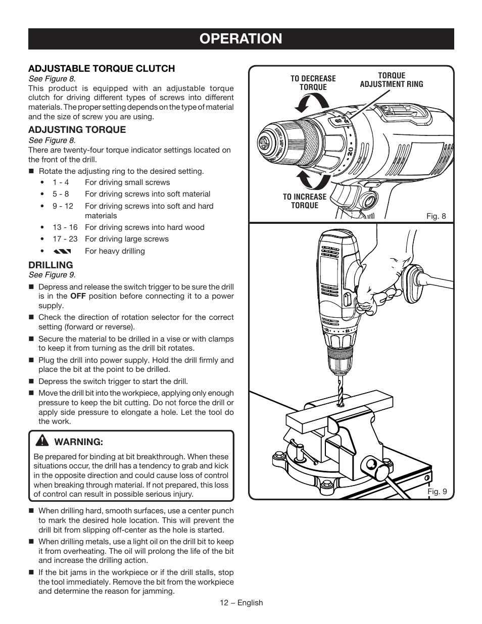 Operation | Ryobi D46CK User Manual | Page 12 / 16