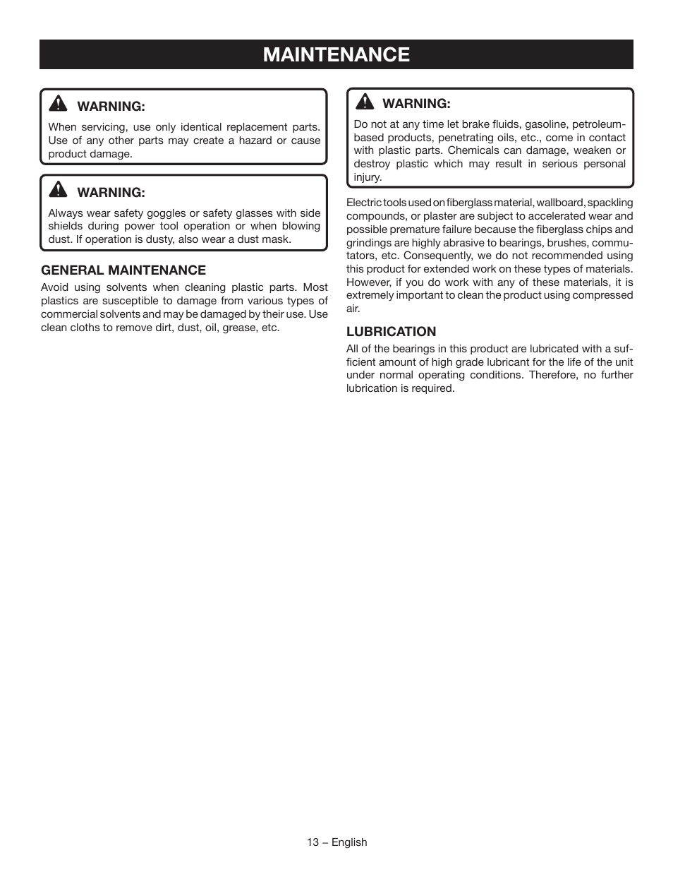 Maintenance | Ryobi D46CK User Manual | Page 13 / 16