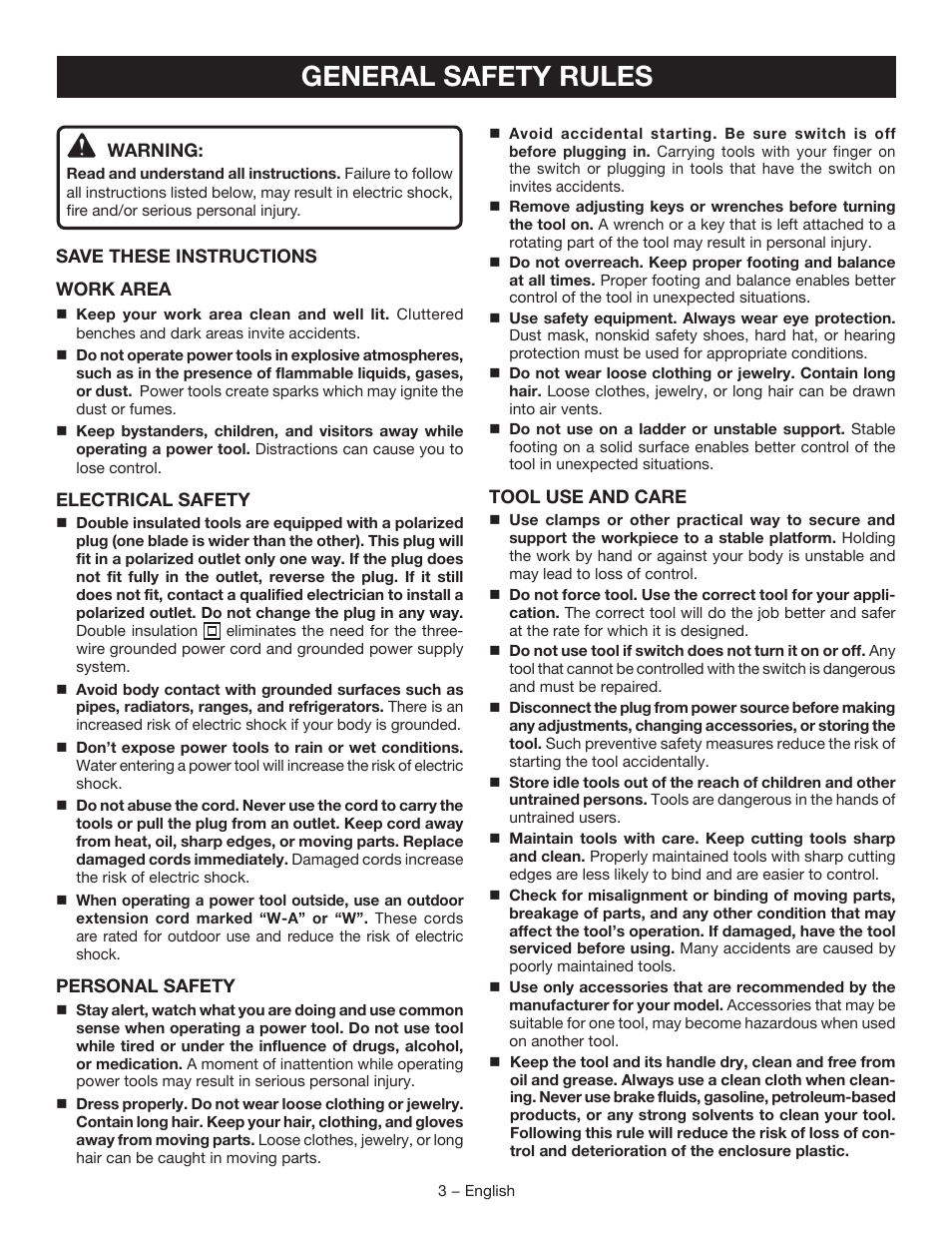 General safety rules | Ryobi D46CK User Manual | Page 3 / 16