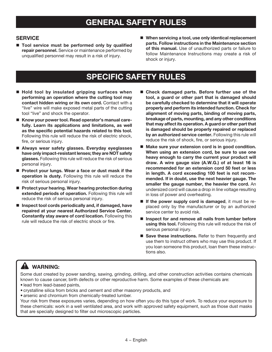 General safety rules specific safety rules | Ryobi D46CK User Manual | Page 4 / 16