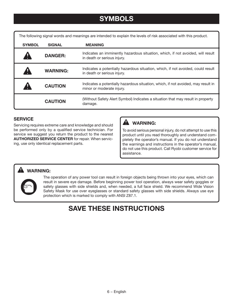 Symbols, Save these instructions | Ryobi D46CK User Manual | Page 6 / 16