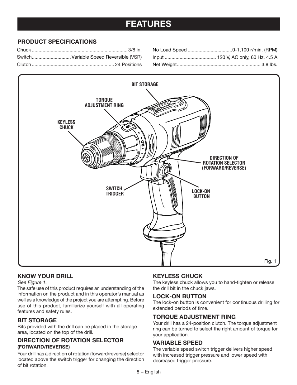 Features | Ryobi D46CK User Manual | Page 8 / 16