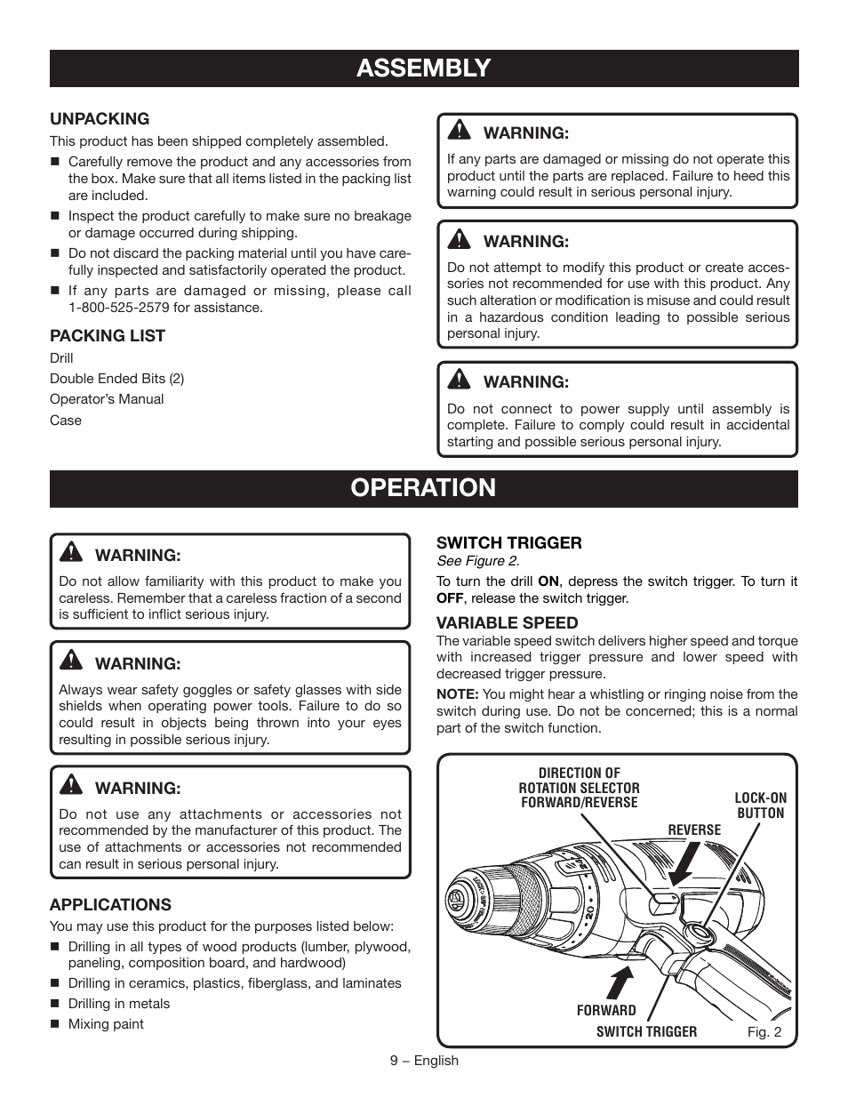 Assembly, Operation | Ryobi D46CK User Manual | Page 9 / 16