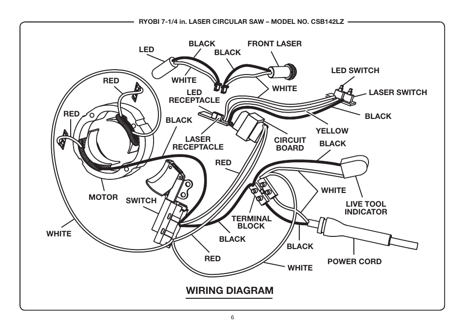 Wiring diagram | Ryobi CSB142LZ User Manual | Page 6 / 6