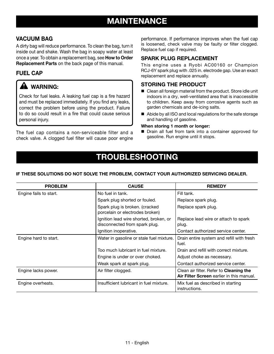 Maintenance, Troubleshooting, Vacuum bag | Fuel cap warning | Ryobi RY09053 User Manual | Page 13 / 42