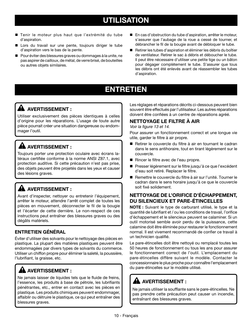 Entretien, Utilisation | Ryobi RY09053 User Manual | Page 25 / 42