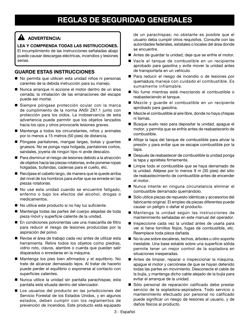 Reglas de seguridad generales | Ryobi RY09053 User Manual | Page 30 / 42