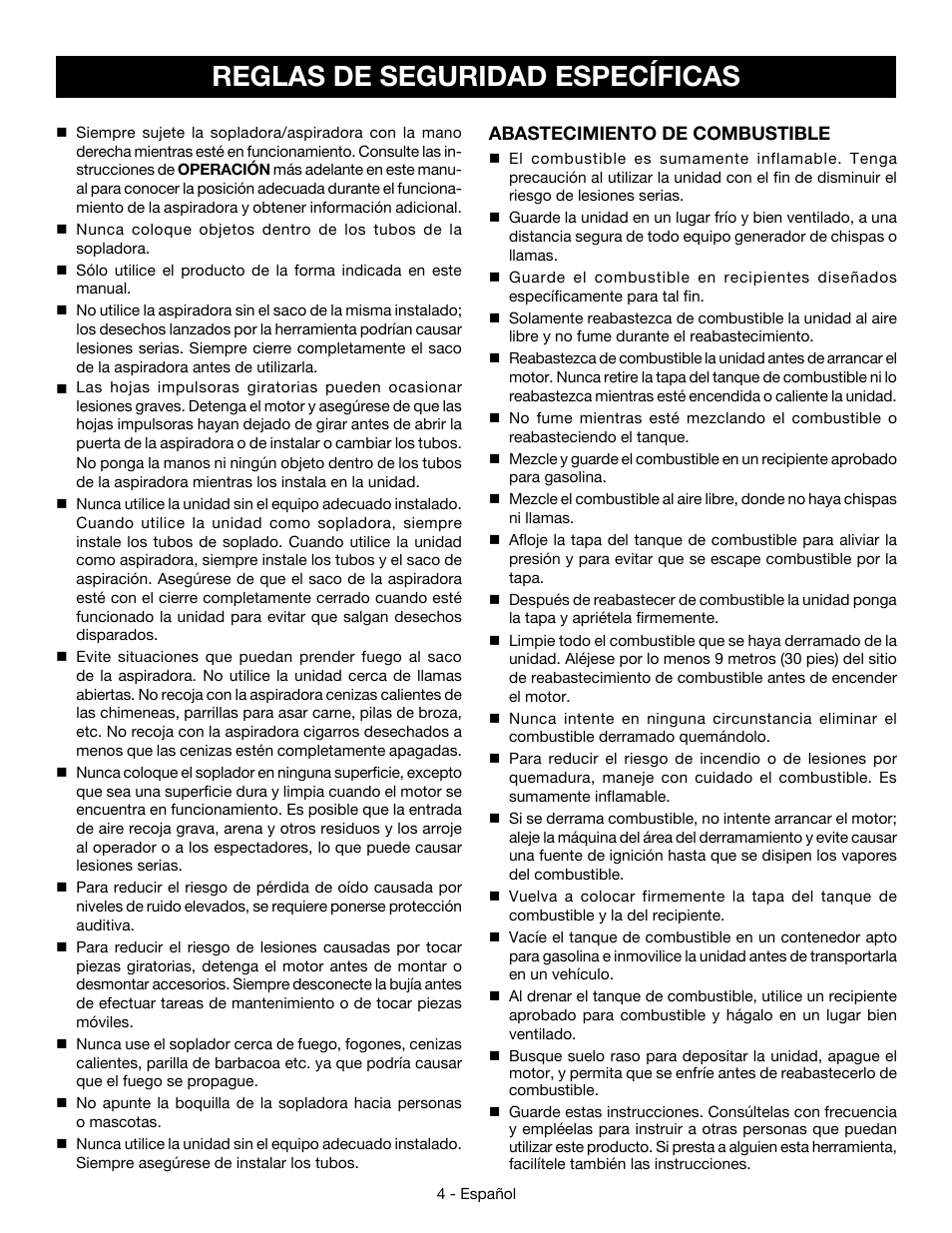 Reglas de seguridad específicas | Ryobi RY09053 User Manual | Page 31 / 42