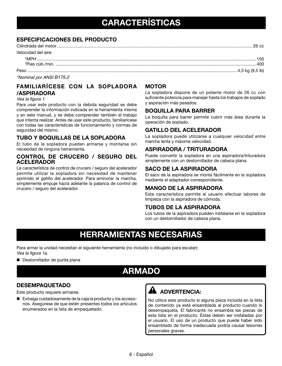 Características, Armado herramientas necesarias | Ryobi RY09053 User Manual | Page 33 / 42