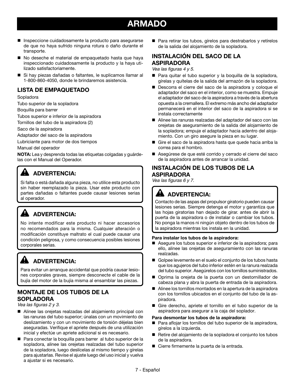 Armado, Lista de empaquetado, Advertencia | Montaje de los tubos de la sopladora, Instalación del saco de la aspiradora, Instalación de los tubos de la aspiradora | Ryobi RY09053 User Manual | Page 34 / 42