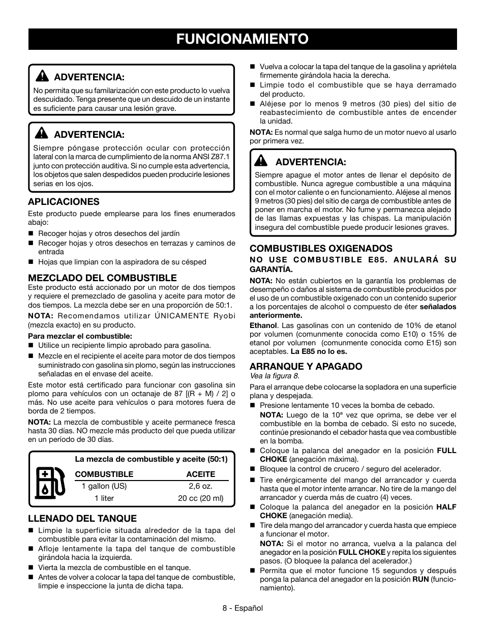 Funcionamiento, Advertencia, Aplicaciones | Mezclado del combustible, Llenado del tanque, Combustibles oxigenados, Arranque y apagado | Ryobi RY09053 User Manual | Page 35 / 42