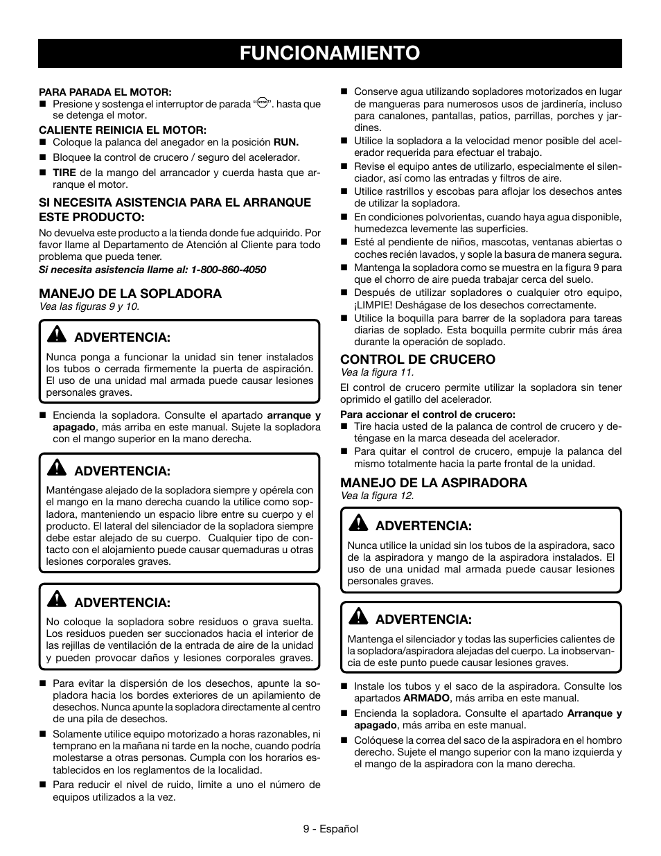 Funcionamiento, Manejo de la sopladora, Advertencia | Control de crucero, Manejo de la aspiradora | Ryobi RY09053 User Manual | Page 36 / 42