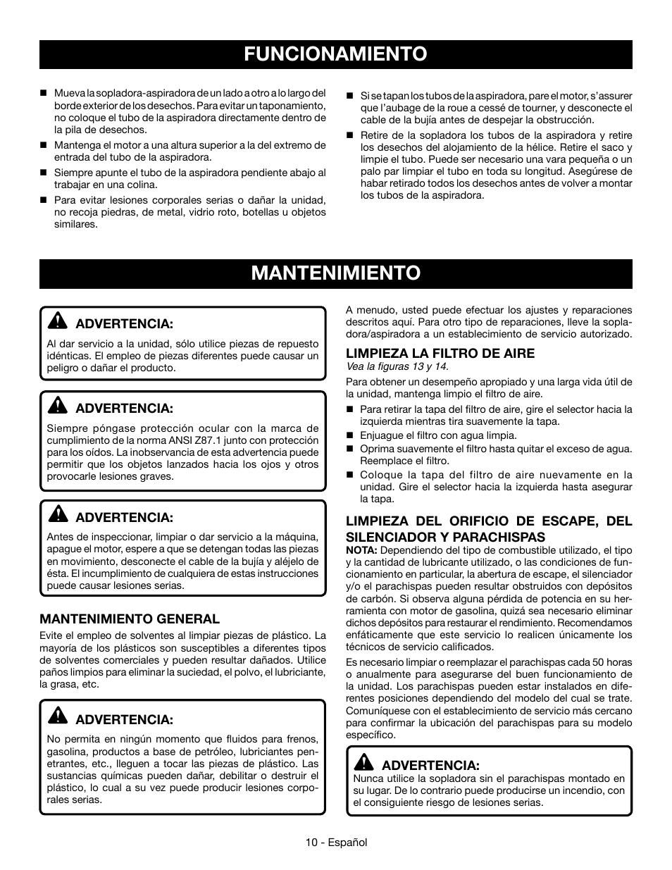 Mantenimiento, Funcionamiento | Ryobi RY09053 User Manual | Page 37 / 42
