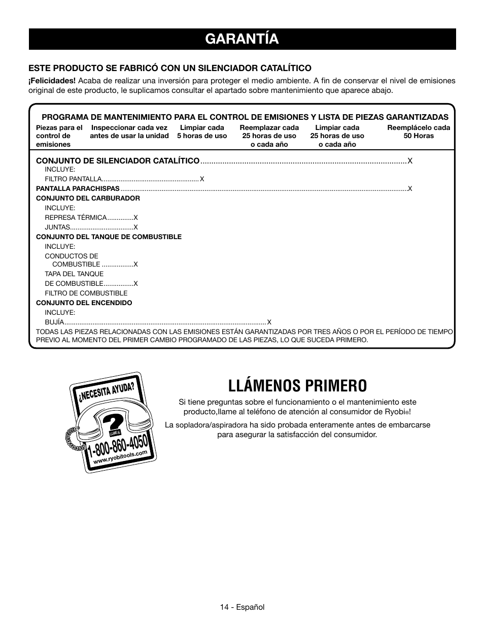 Llámenos primero, Garantía, Necesita a yuda | Ryobi RY09053 User Manual | Page 41 / 42