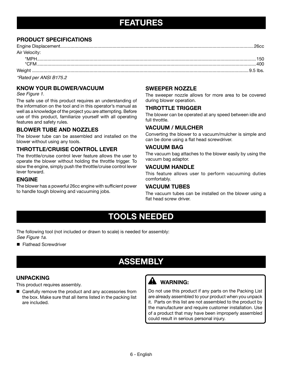 Features, Assembly tools needed | Ryobi RY09053 User Manual | Page 8 / 42