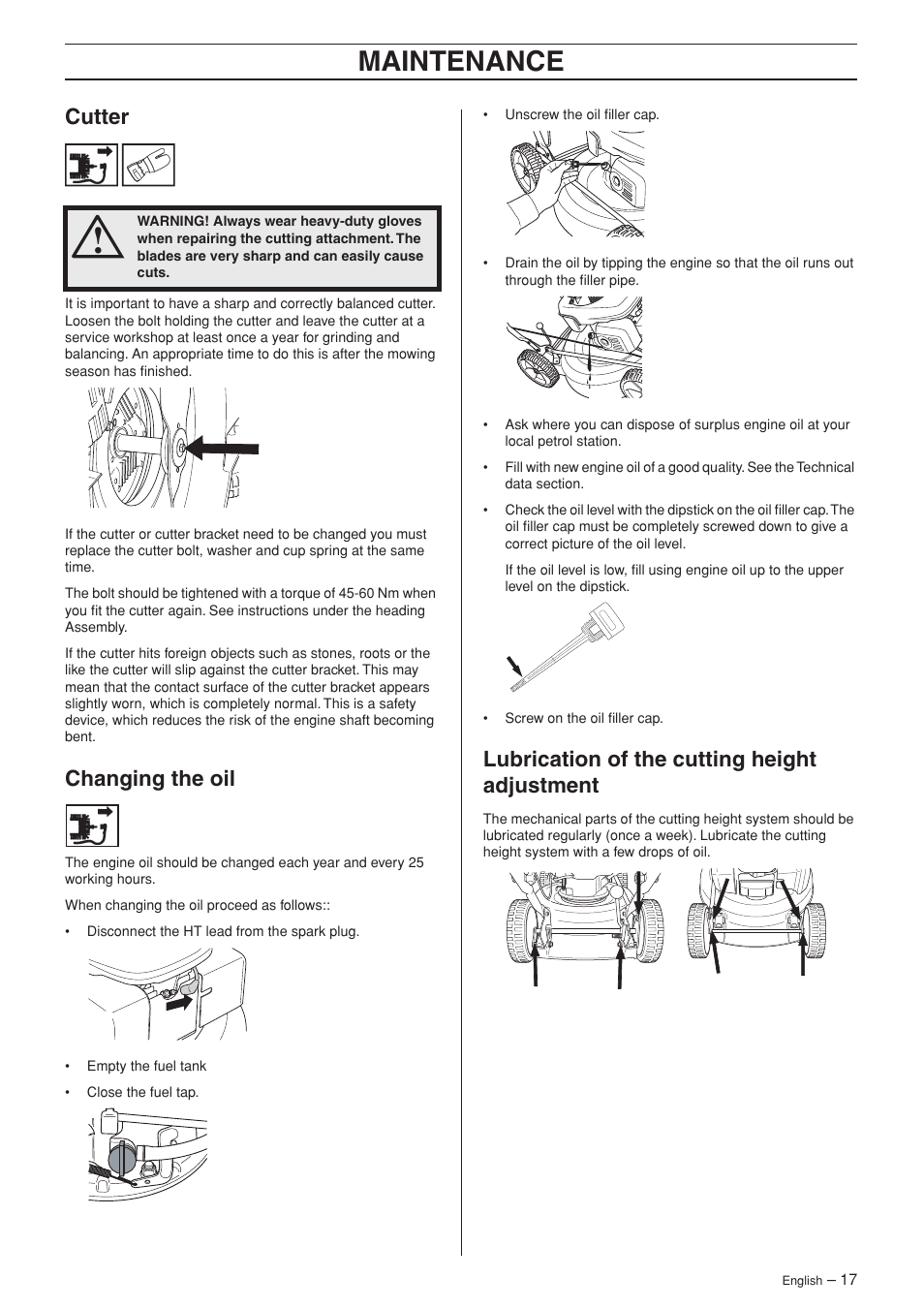 Maintenance, Cutter, Changing the oil | Lubrication of the cutting height adjustment | Ryobi M48 Pro User Manual | Page 17 / 25