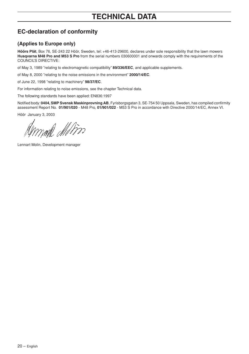 Technical data, Ec-declaration of conformity | Ryobi M48 Pro User Manual | Page 20 / 25