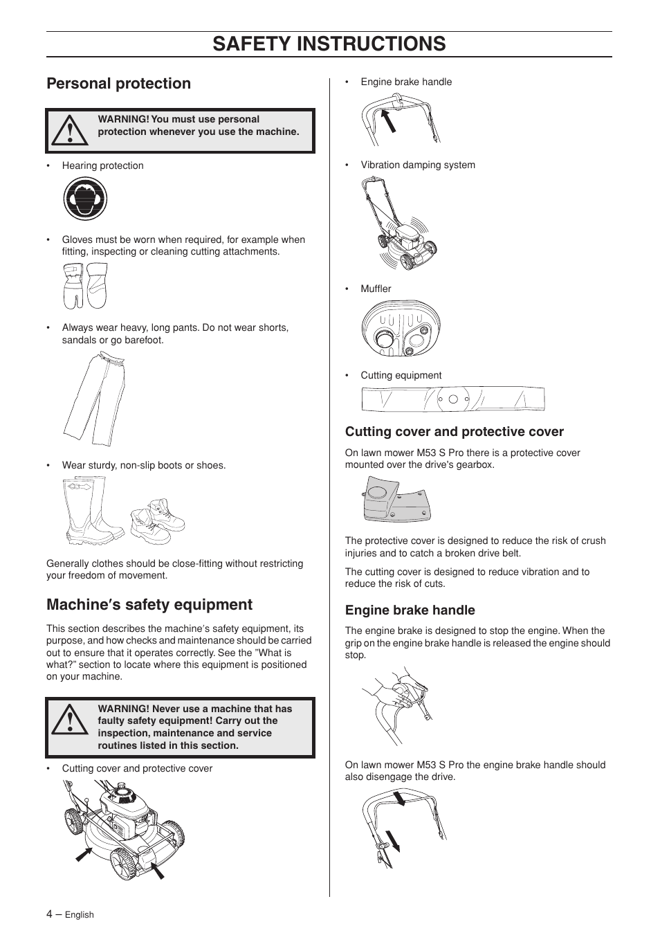 Safety instructions, Personal protection, Machine ′′′′ s safety equipment | Ryobi M48 Pro User Manual | Page 4 / 25