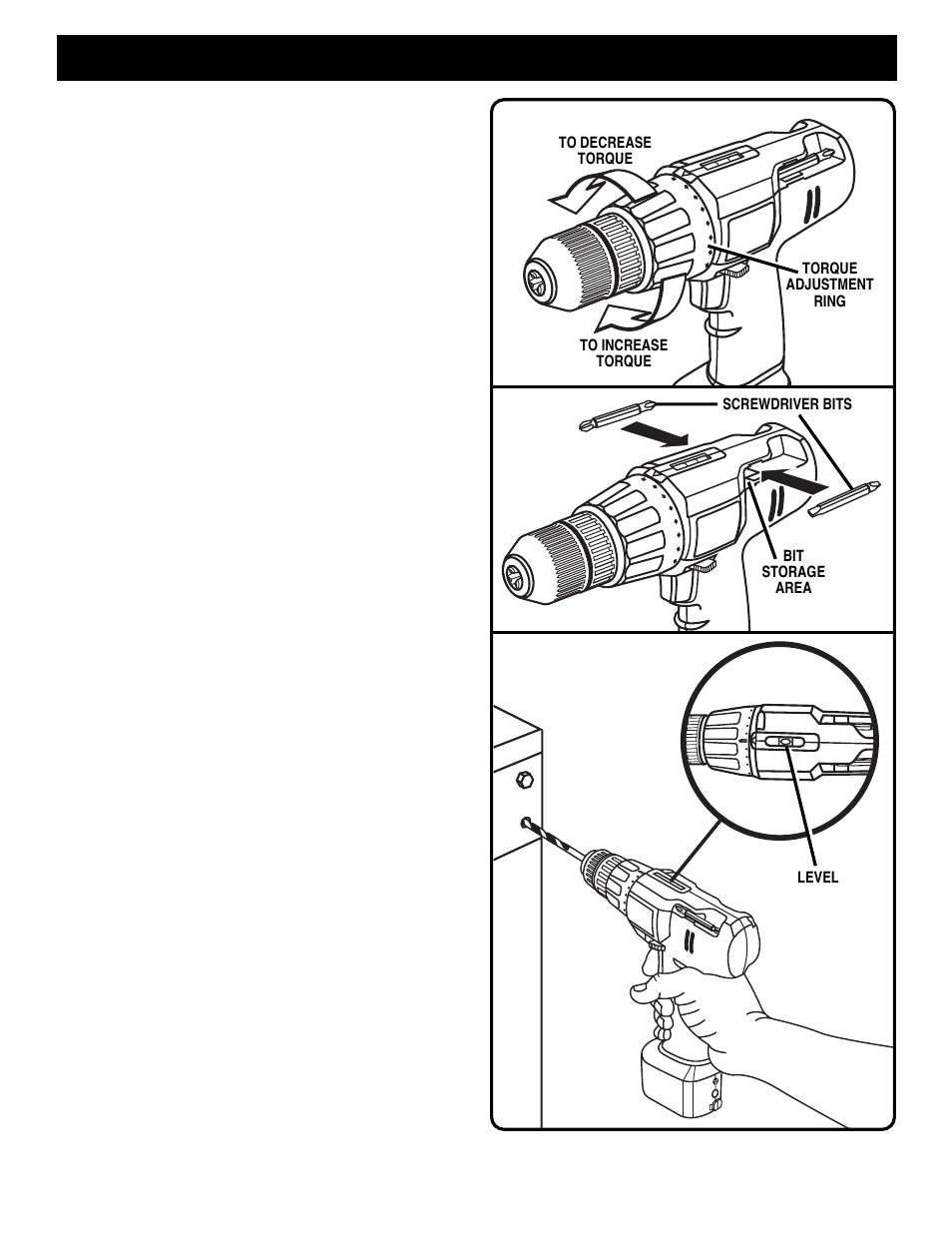 Operation, Removing bits, Screwdriving | Bit storage, Level drilling, Torque adjustment | Ryobi HP61 User Manual | Page 9 / 14