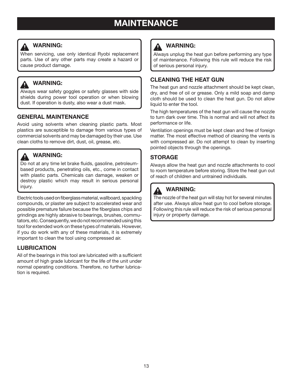 Maintenance | Ryobi HG300 User Manual | Page 13 / 14