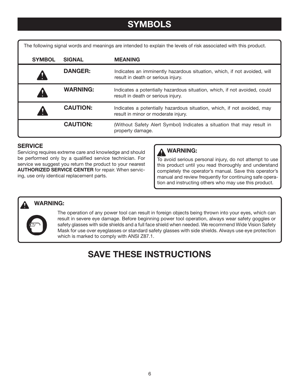 Symbols, Save these instructions | Ryobi HG300 User Manual | Page 6 / 14