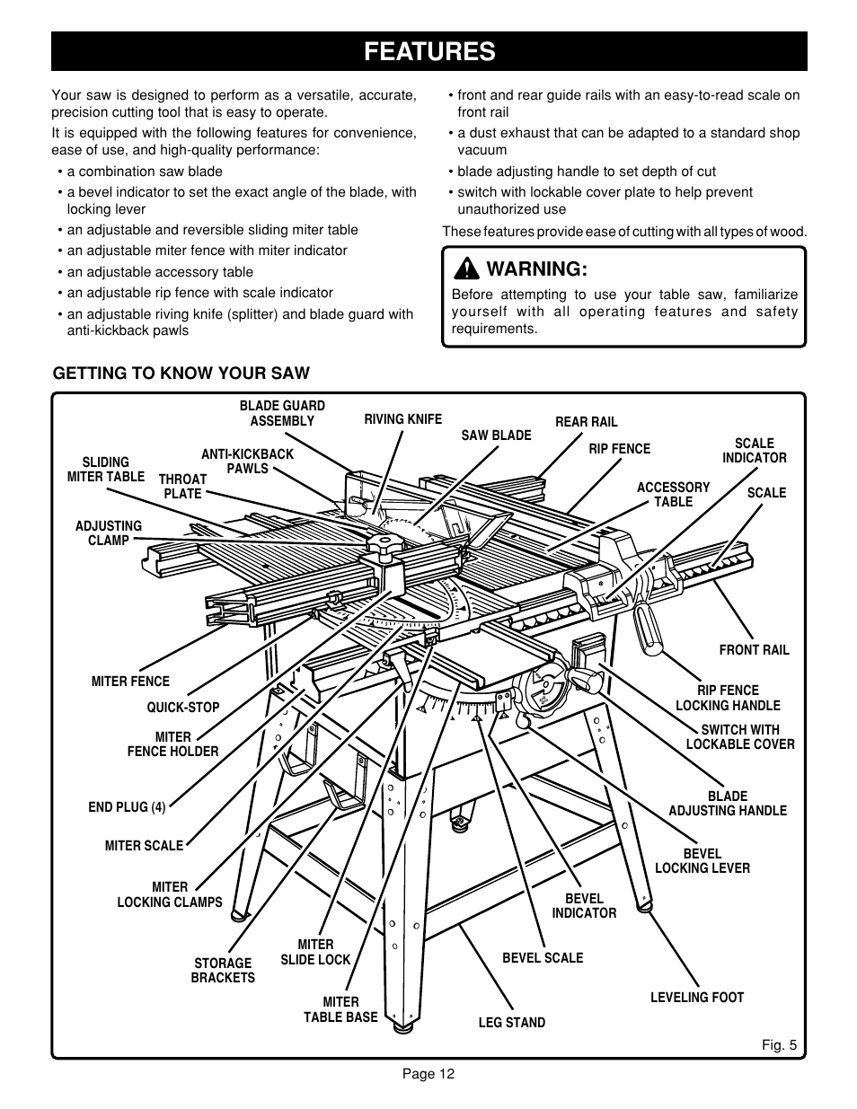 Features, Warning | Ryobi SAW BT3100 User Manual | Page 12 / 52