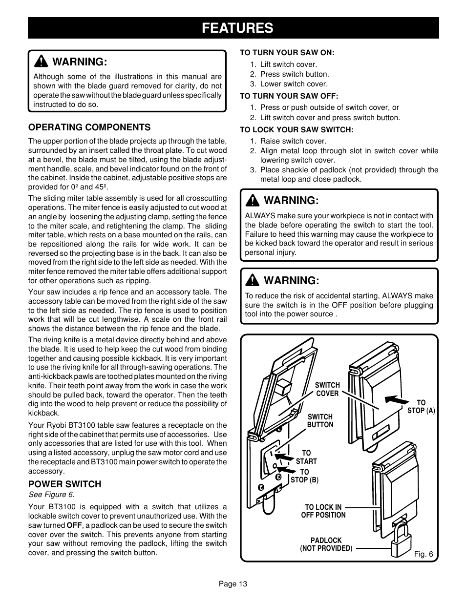 Features, Warning | Ryobi SAW BT3100 User Manual | Page 13 / 52