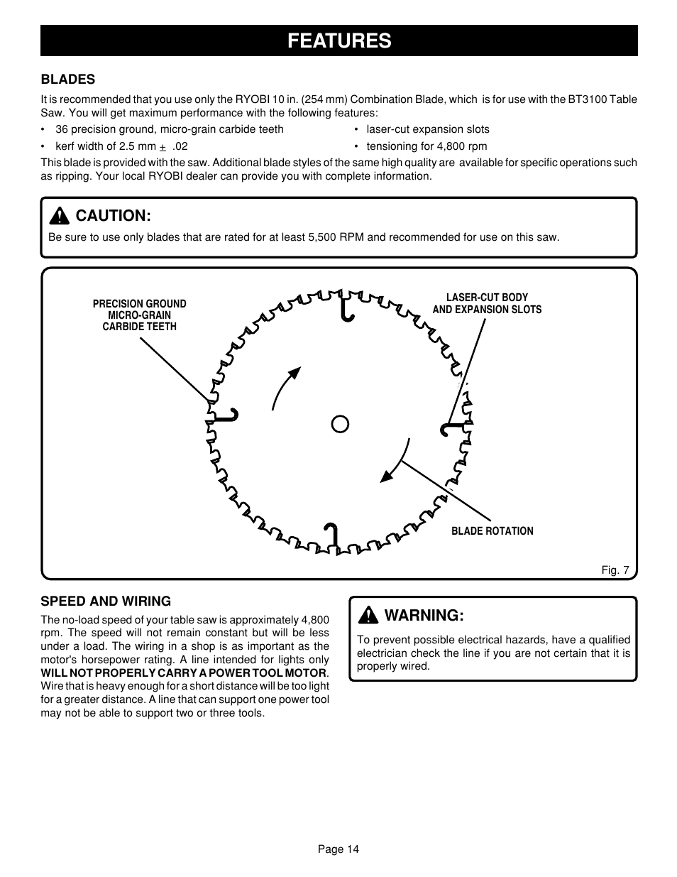 Features, Caution, Warning | Ryobi SAW BT3100 User Manual | Page 14 / 52