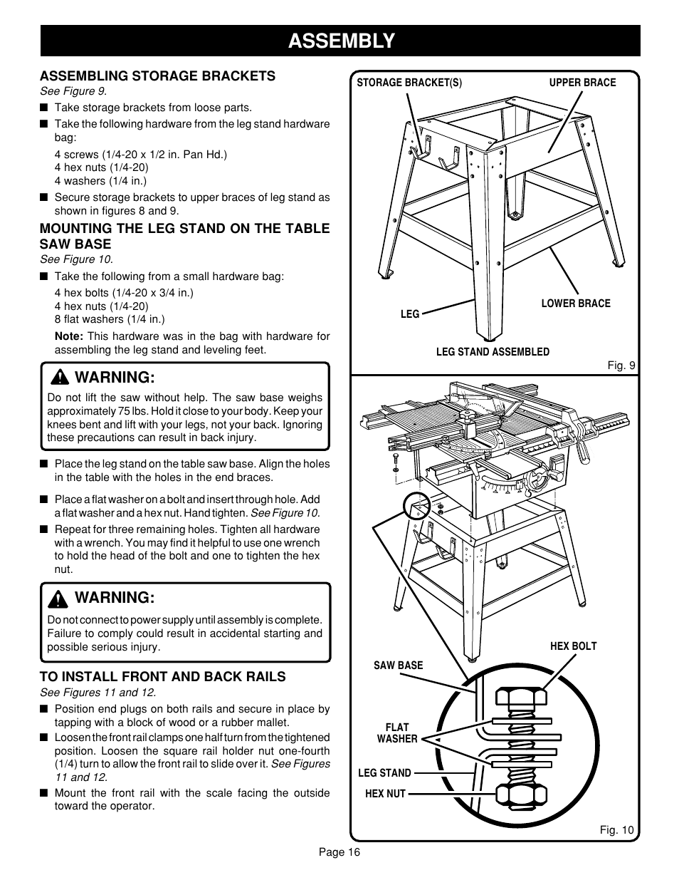 Assembly, Warning | Ryobi SAW BT3100 User Manual | Page 16 / 52