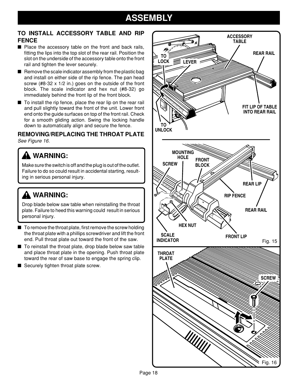 Assembly, Warning | Ryobi SAW BT3100 User Manual | Page 18 / 52