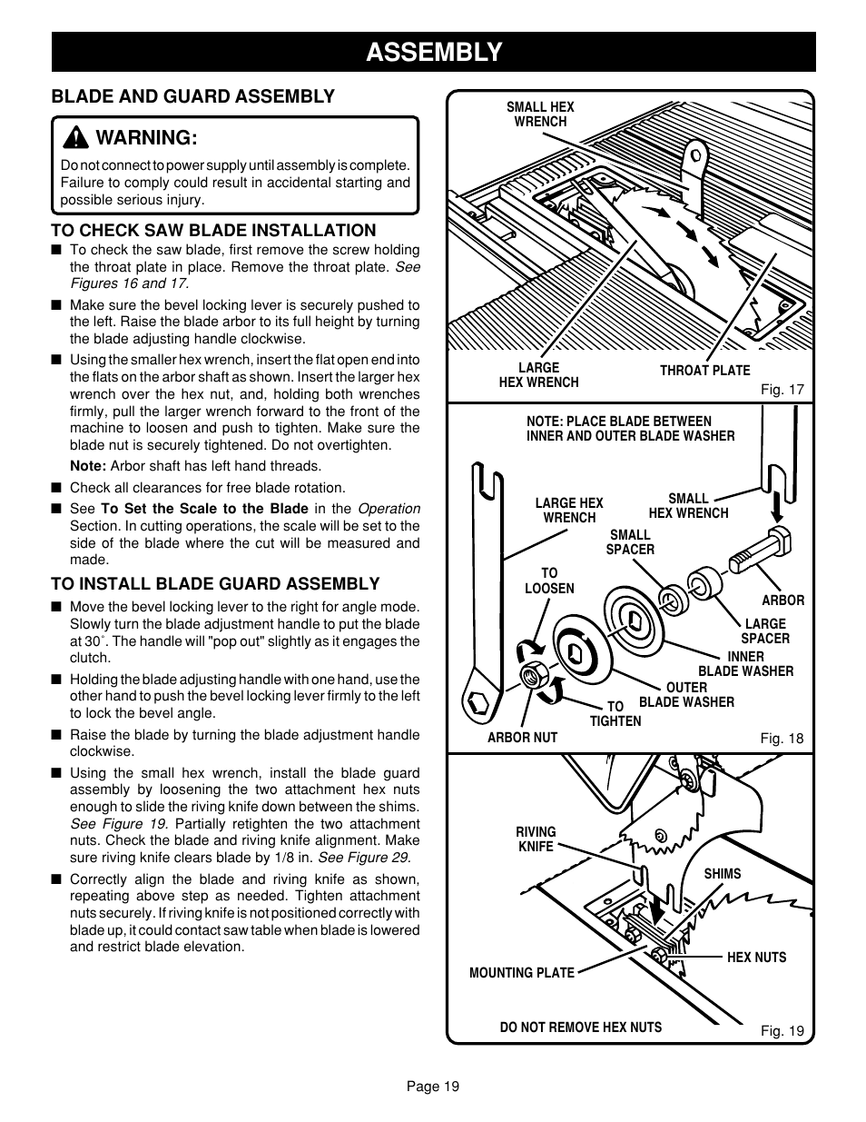 Assembly, Warning, Blade and guard assembly | Ryobi SAW BT3100 User Manual | Page 19 / 52