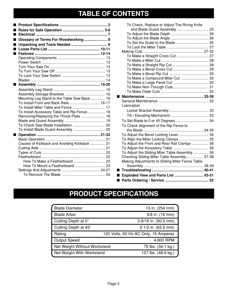 Table of contents product specifications | Ryobi SAW BT3100 User Manual | Page 2 / 52