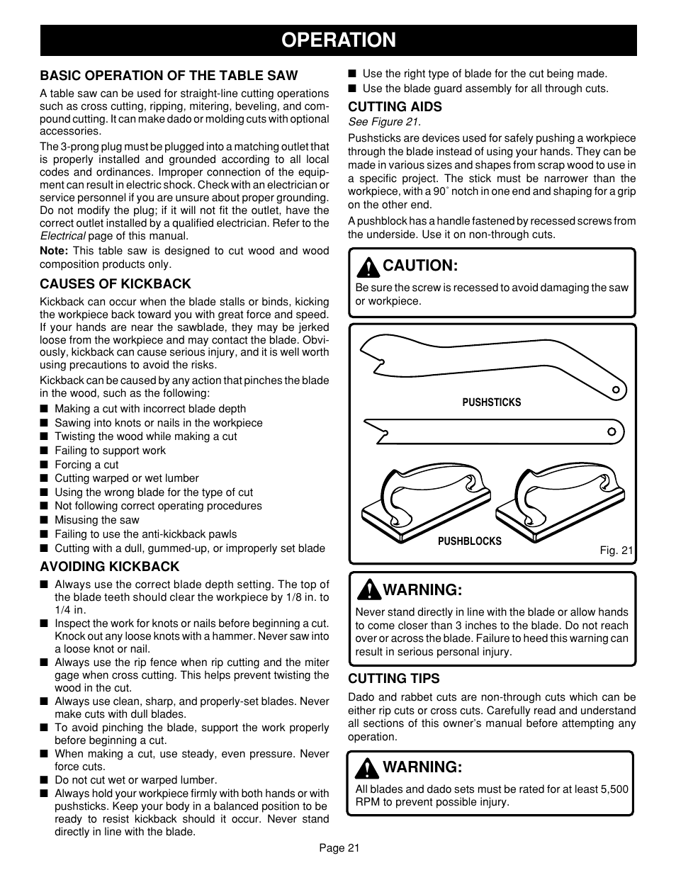 Operation, Caution, Warning | Ryobi SAW BT3100 User Manual | Page 21 / 52