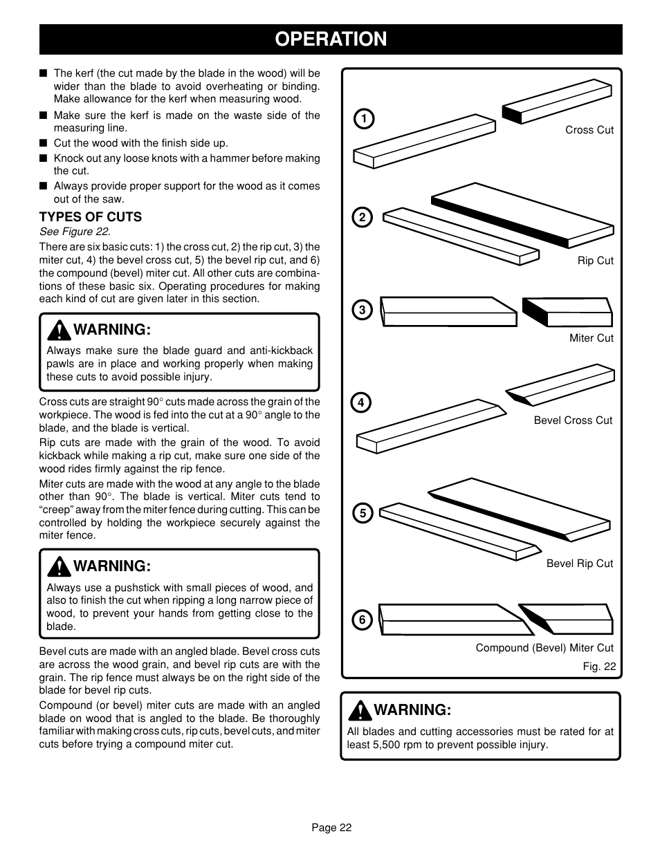 Operation, Warning | Ryobi SAW BT3100 User Manual | Page 22 / 52