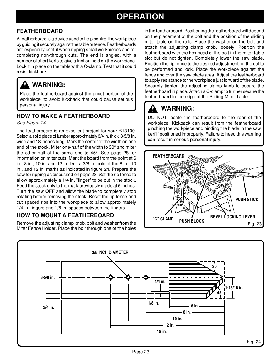 Operation, Warning | Ryobi SAW BT3100 User Manual | Page 23 / 52