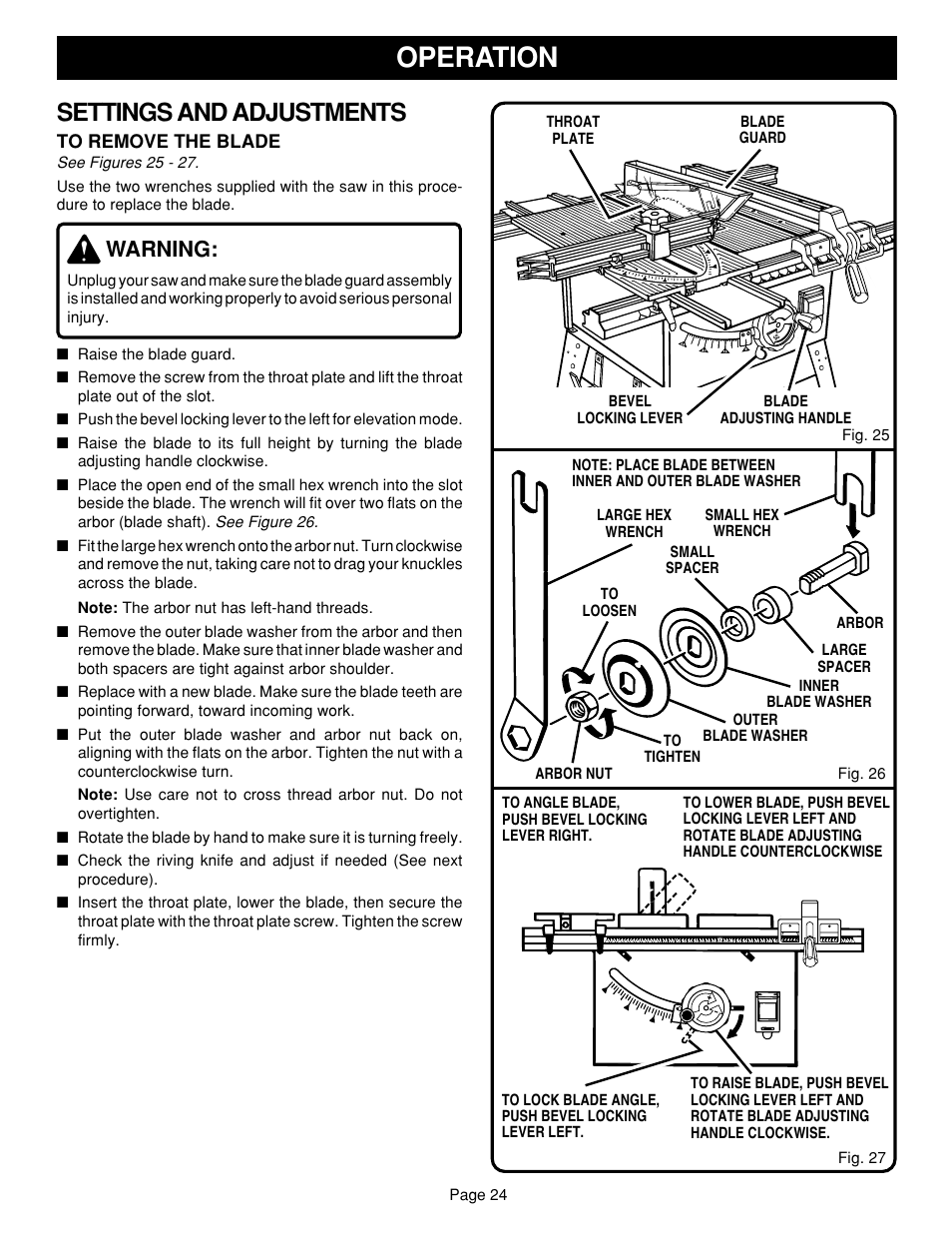 Operation, Settings and adjustments, Warning | Ryobi SAW BT3100 User Manual | Page 24 / 52