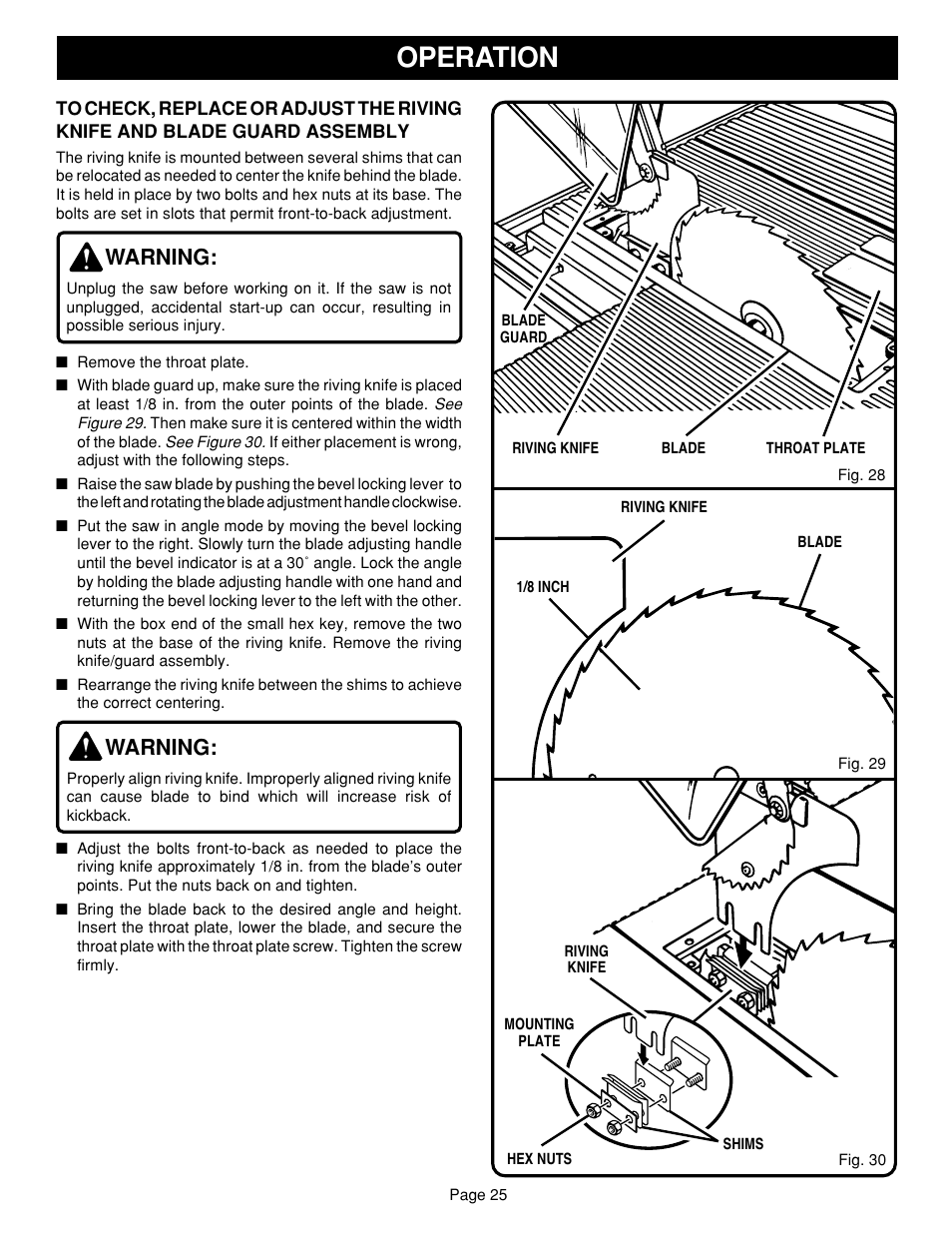 Operation, Warning | Ryobi SAW BT3100 User Manual | Page 25 / 52