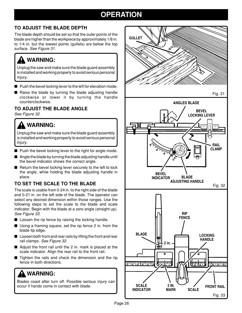 Operation, Warning | Ryobi SAW BT3100 User Manual | Page 26 / 52