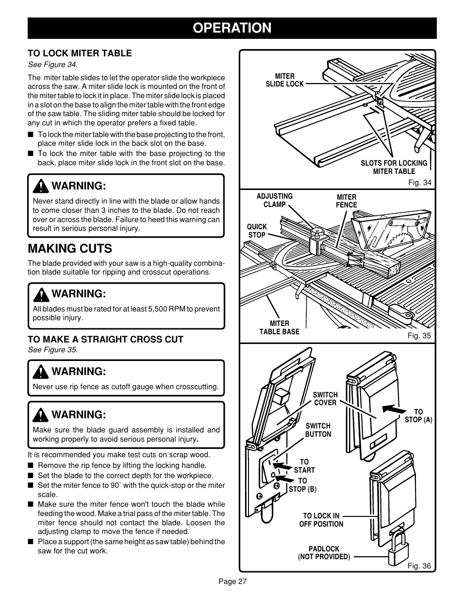 Operation, Making cuts, Warning | Ryobi SAW BT3100 User Manual | Page 27 / 52