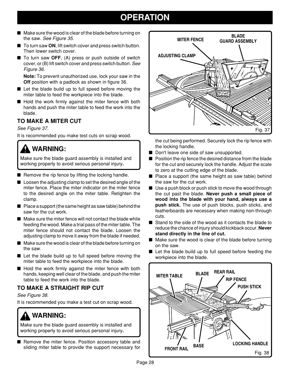 Operation, Warning | Ryobi SAW BT3100 User Manual | Page 28 / 52
