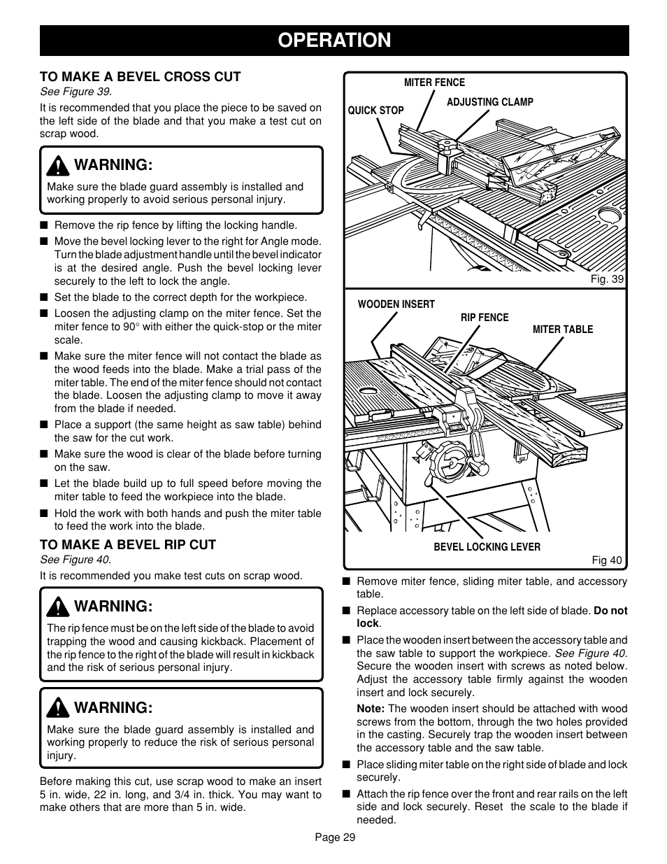 Operation, Warning | Ryobi SAW BT3100 User Manual | Page 29 / 52