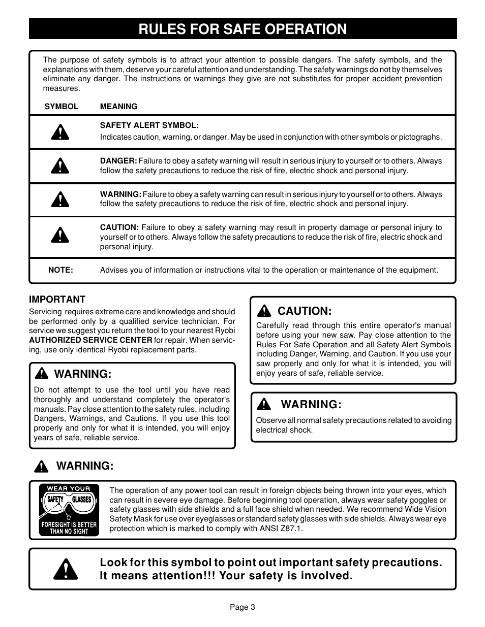 Rules for safe operation, Warning, Caution | Ryobi SAW BT3100 User Manual | Page 3 / 52